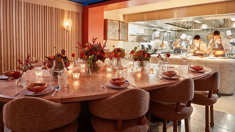 Inside Michelin star restaurant with open plan kitchen