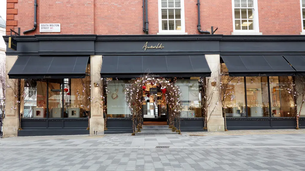 Chic storefront on South Molton Street with festive decorations