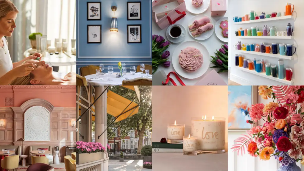 Eight photos illustrating Mother's Day in Mayfair, including photos of candles, flowers, nail varnish and cakes