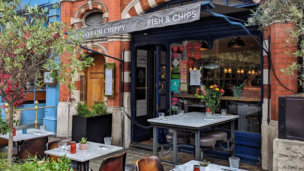 The outside seating area of The Mayfair Chippy