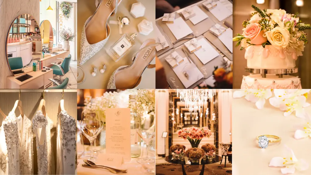 Eight photos showing wedding cakes, rings, dresses and jewellery