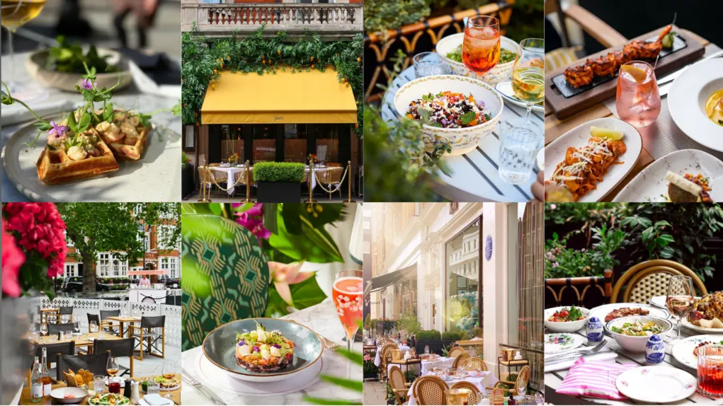 Eight photos showing alfresco dining and food 