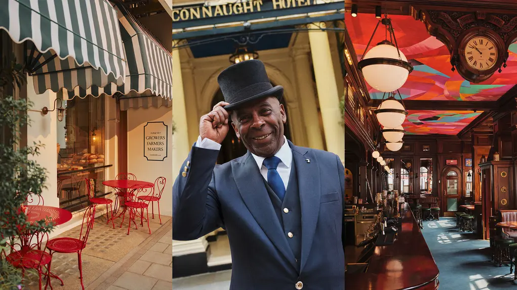 Three images showing a cafe with red tables outside, the inside of a pub and the doorman at The Connaught hotel