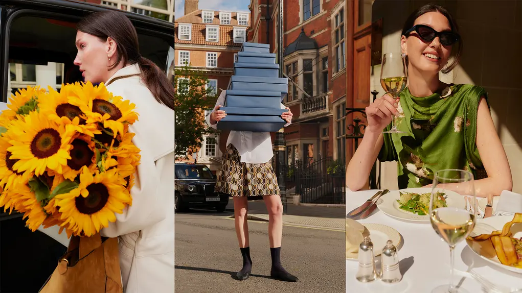 A collage of three images showing a woman with sunflowers, boxes and drinking wine
