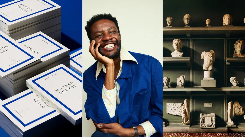 Three photos showing books, statues and a man