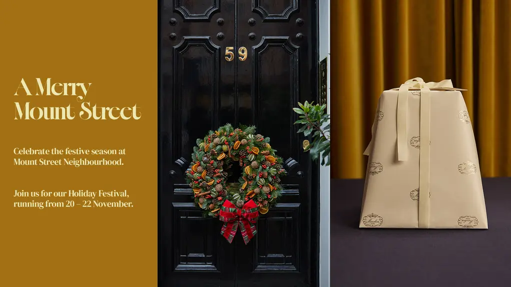 Two images showing a festive wreath and a wrapped gift