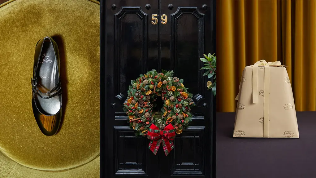 Three festive images show a present, a wreath and a shoe