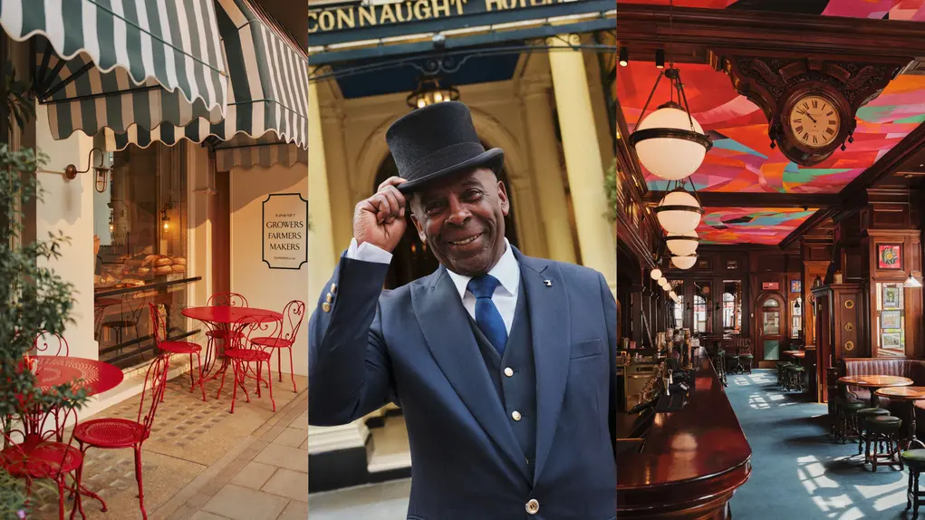 A montage of three images showing a cafe, a doorman and a pub