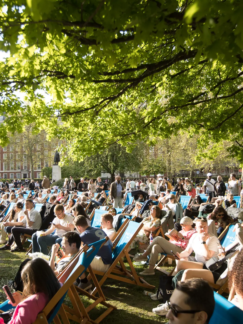 A park filled with hundreds of people sitting on deckchairs