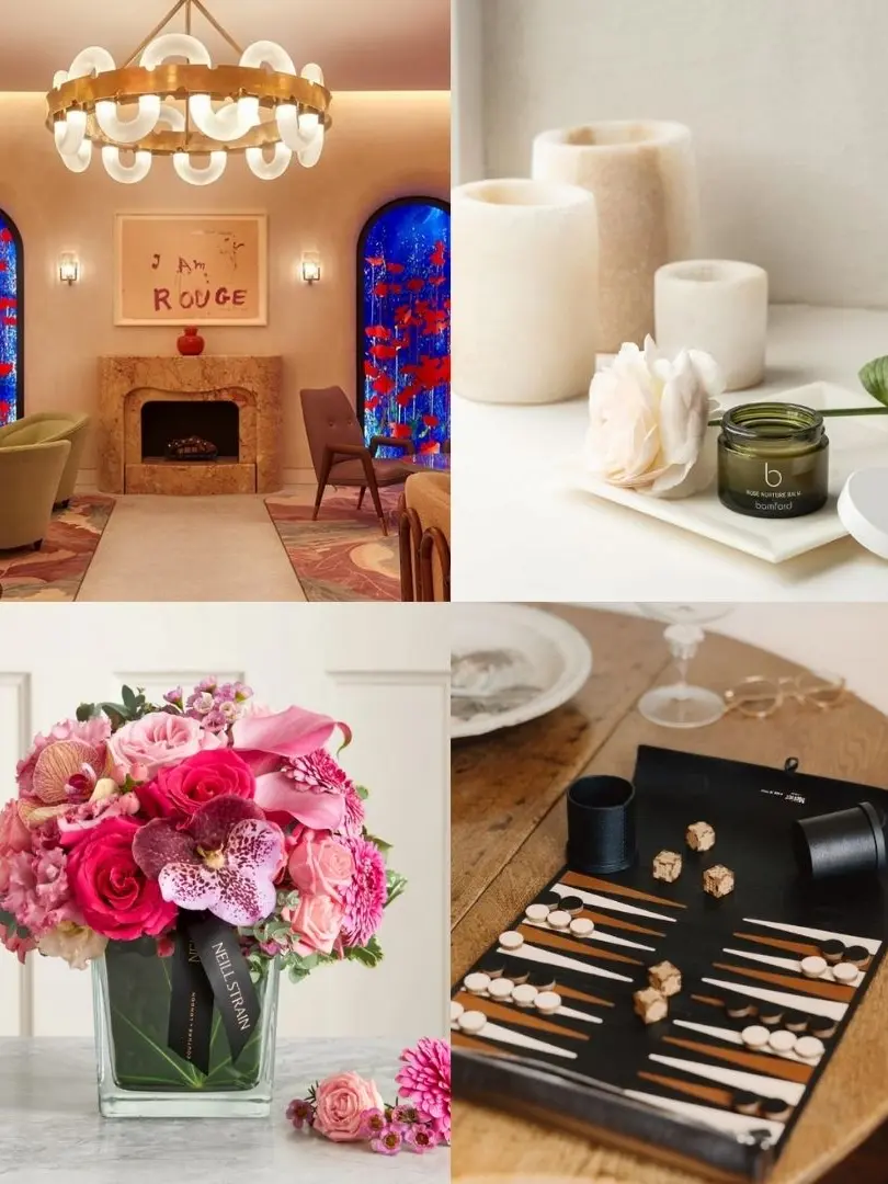 A collage of eight photos showing various wedding gifts including flowers, plates and candles 