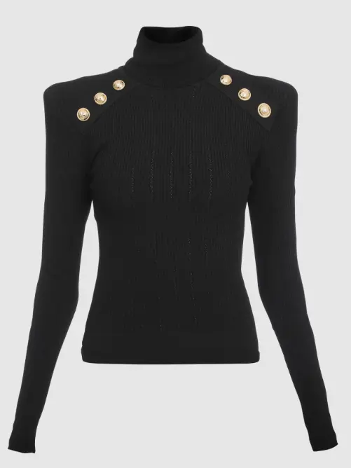 Elegant black knit jumper adorned with gold buttons, crafted by Balmain, perfect for a sophisticated wardrobe.