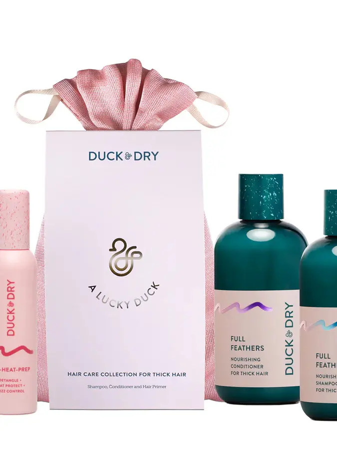  A gift set featuring a detangler, conditioner, and shampoo displayed beside a pink gift bag.