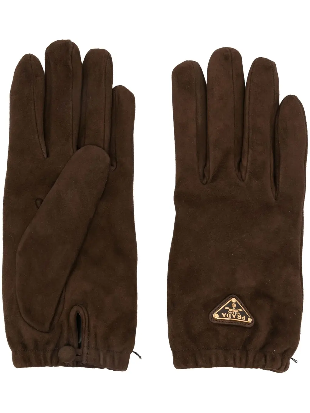 Luxurious brown gloves from Prada, highlighted by a triangle logo, combining fashion and functionality seamlessly.