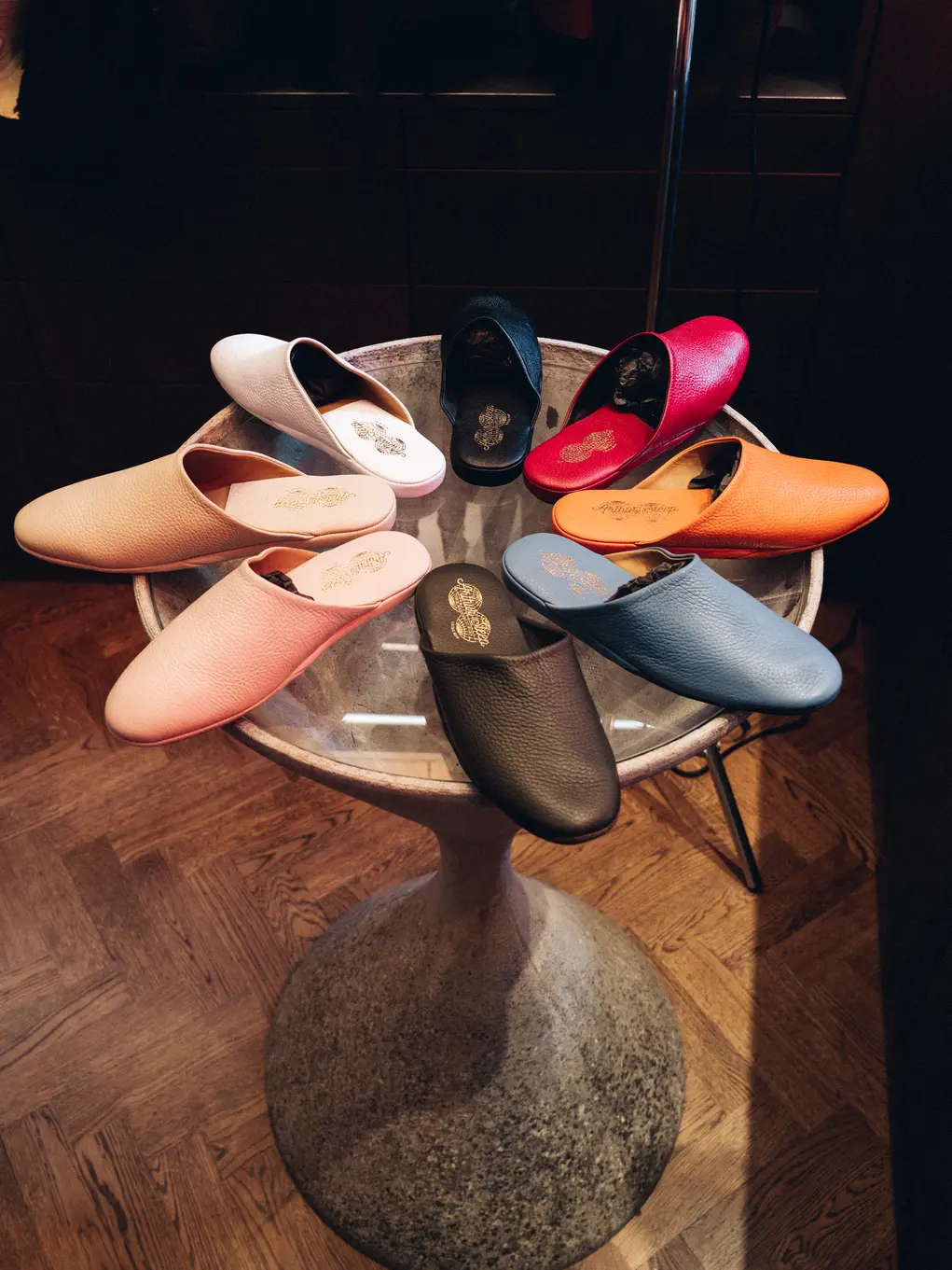 Shoes on a round table at Arthur Sleep
