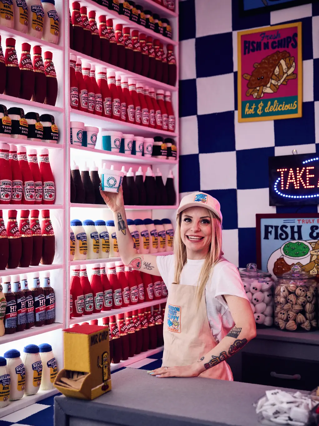 Artist behind the counter of a fish and chip shop