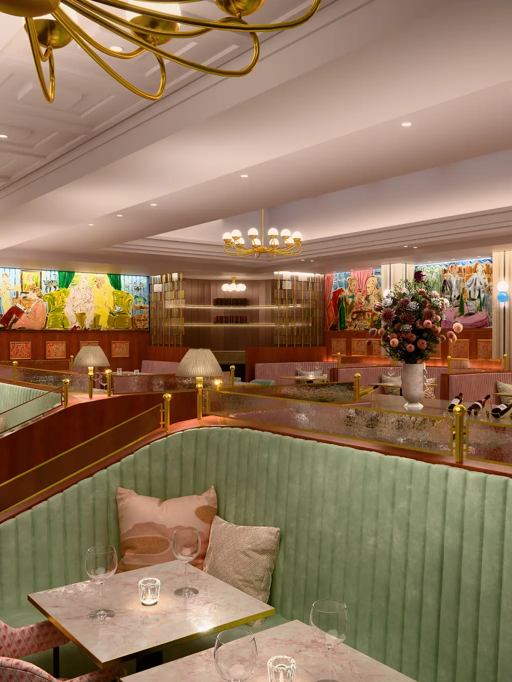 The inside of Rosi with booth seating and artwork on the walls