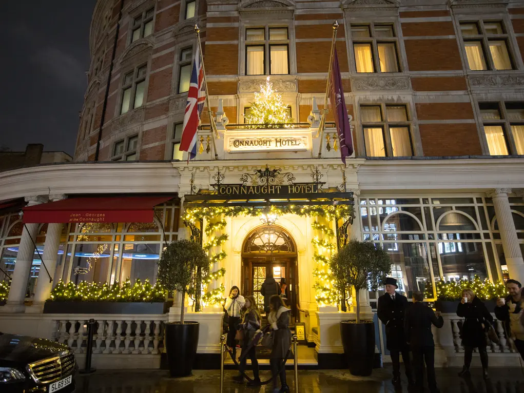 The Connaught Hotel decorated with Christmas lights 