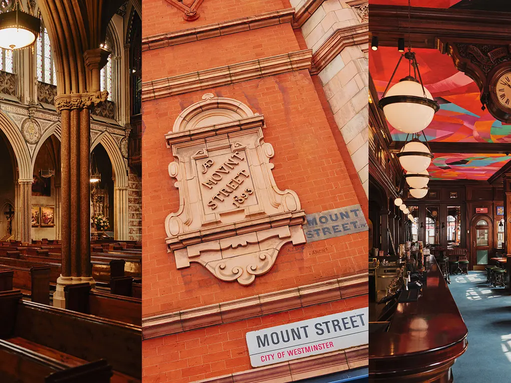 Three images of Mayfair including a church, pub and street sign